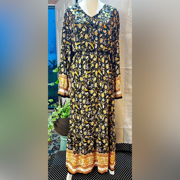 V Neck Boho Floral Print Fall Maxi Dress Yellow XL - Picture 4 of 9